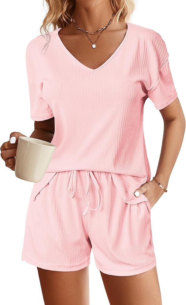 Ekouaer Womens Ribbed Knit Lounge Set Short Sleeve Top and Shorts Sleepwear Pajama Set Two Piece Shorts Outfits Set Pink