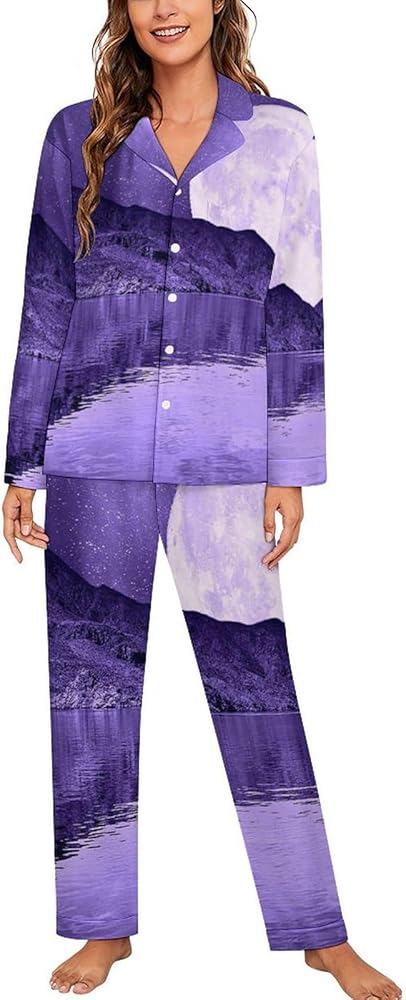 Purple Supermoon Women's Long Sleeve Button Down Sleepwear Soft Nightwear Lounge Pajamas Set