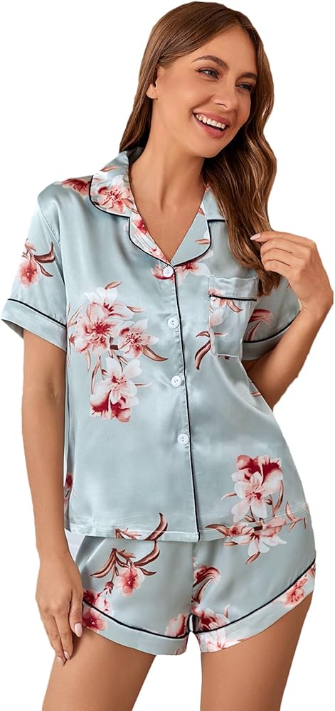 WDIRARA Women's Sleepwear Satin Short Sleeve Shirt and Shorts Pajama Set Floral Mint Blue XL