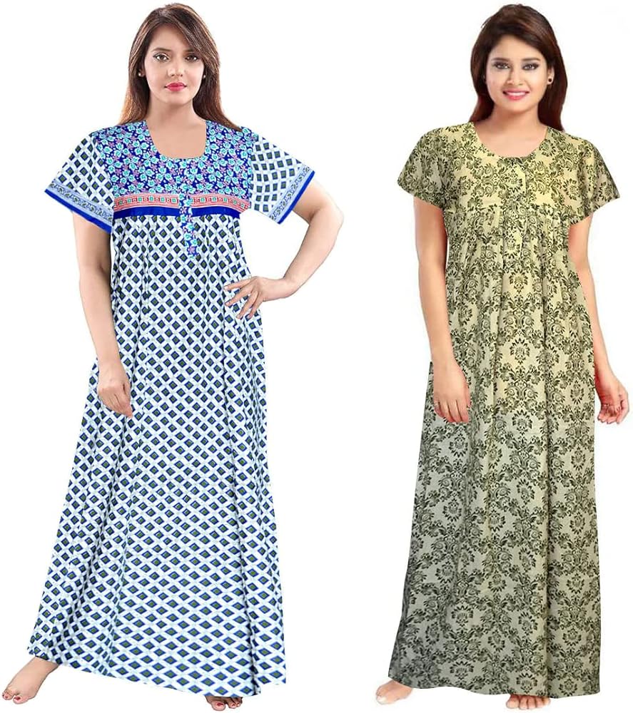 Women's Jaipuri Printed 100% Soft Cotton Indian full length Nighty For Womens with lightweight sleepwears/Nightgown For Ladies Cotton Nighties XL Night Dress Pack of 2 - (Multicolor)