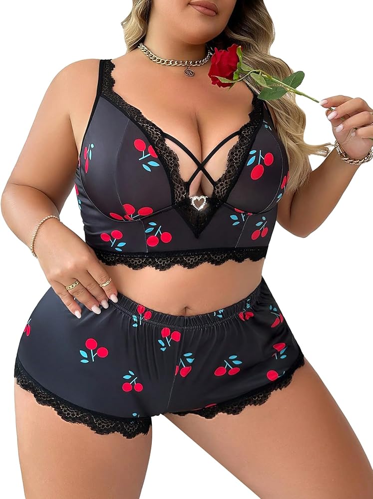 WDIRARA Women's Plus Size 2 Piece Sleepwear Lace Trim Cherry Print Sleeveless Crop Cami Top and Shorts Pajama Set