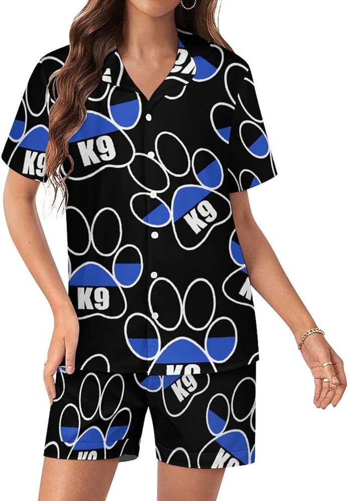 Thin Blue Line K9 Dog Paw Women's Pajamas Set Two Piece Button Down Sleepwear Short Sleeve And Shorts Loungewear