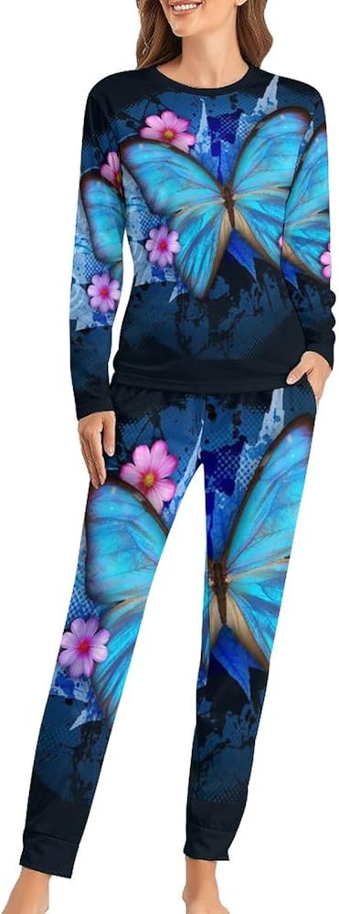 Blue Butterfly Flora Women's Pajamas Set Long Sleeve Sleepwear Soft Pjs Lounge Sets with Pockets