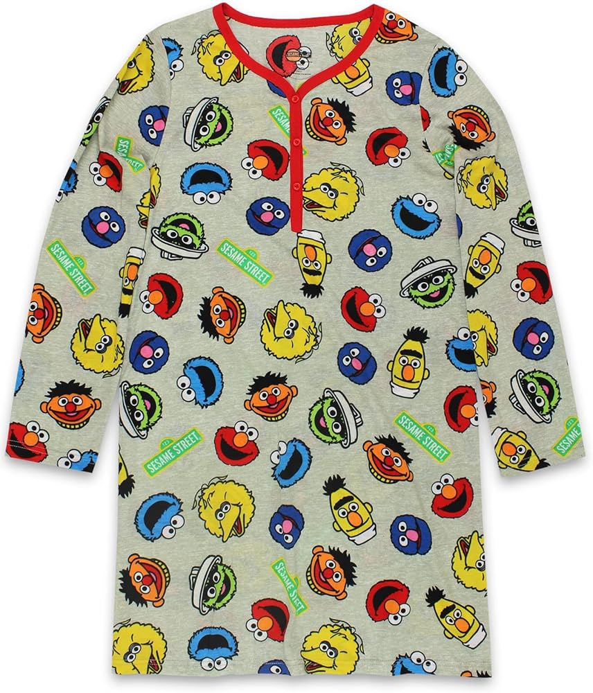 Sesame Street Elmo Women's Long Sleeve Henley Dorm Nightgown Sleep Dress Pajamas