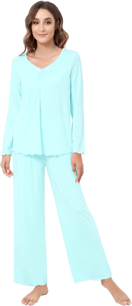 NACHILA Women's Pajamas-Viscose Made from Bamboo, Long Sleeve Pj V Neck Sleepwear Soft Loungewear with Pants Comfy Pajama