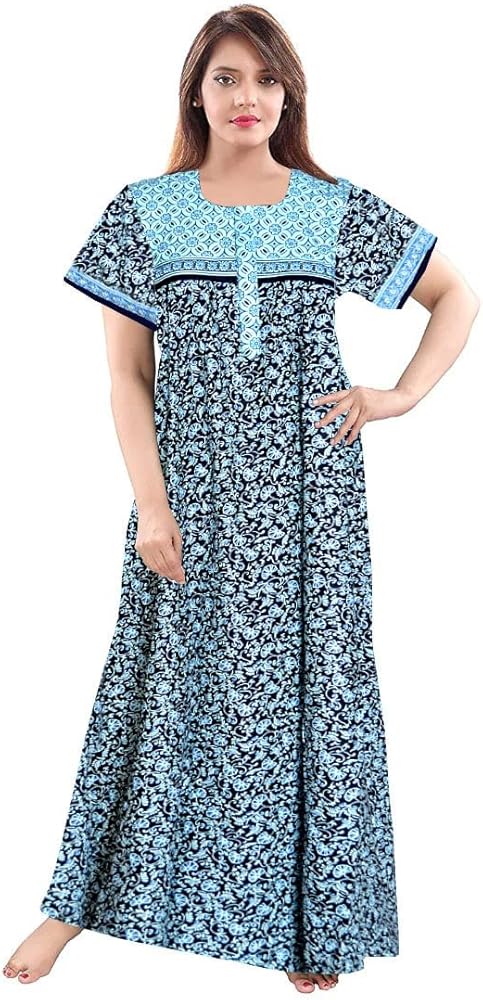 Women's Jaipuri Printed 100% Soft Cotton Indian full length Nightgowns/Nighty/Sleepwears Free Size Night Dress Pack of 1 (SN74) Multicolor