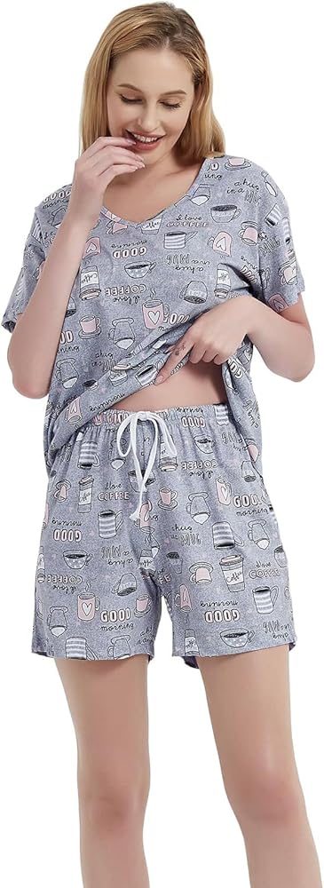 CHUNG Women Short Sleeve Shirt Pajamas Set Shorts Bottom Pants Cotton V-neck Cute Pjs Sleepwear Lounge Wear Plus Size Summer