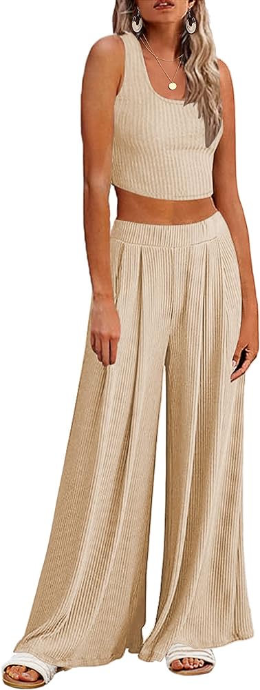 Ekouaer Women's Pajamas 2 Piece Lounge Set Ribbed Knit Loungewear Sleeveless Tank Top Wide Leg Pants