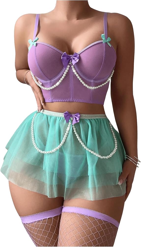 Women's 5 Piece Lingerie Set Bow Knot Pearl Ruffle Corset Babydoll Lingerie Skirt with Stockings