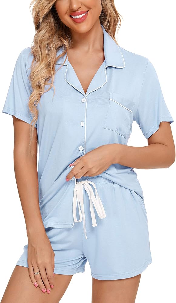 Senert Pajamas Set For Women Short Sleeve Sleepwear Soft Button Down Pjs Set Nightwear Lounge Sets S-XXL