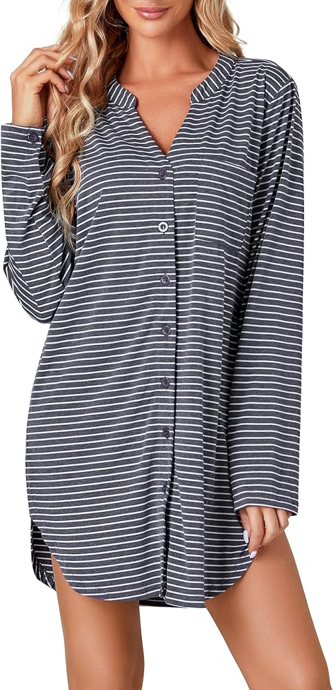 Vrtige Women's Striped Nightshirt Button Down Long Sleeve Nightdress Nightgown with Pocket