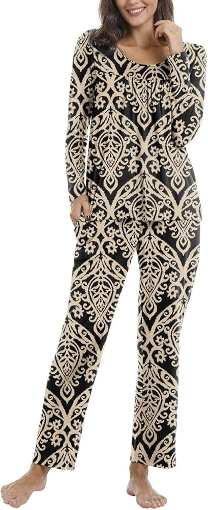 POPYOUNG Fall-Winter Womens 2 Piece Long Sleeves Soft Pajama Sets with comfy Long Pants Ladies Lounge Sleepwear with Pockets