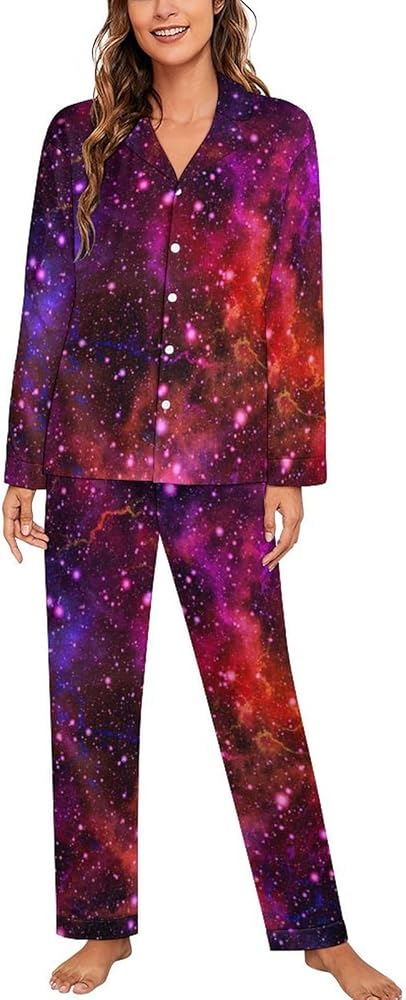 Funky Galaxy Women's Long Sleeve Button Down Sleepwear Soft Nightwear Lounge Pajamas Set