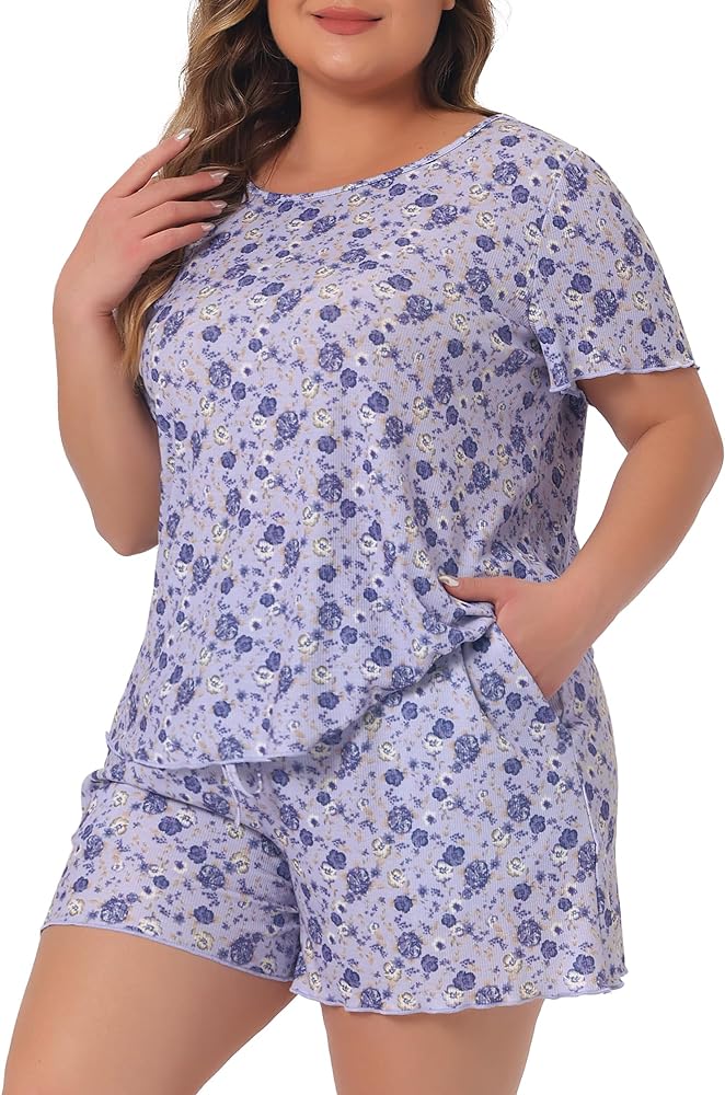 Agnes Orinda Women's Plus Size Short Sleeve Summer Casual 2 Piece Pajama Sets Loungewear Sleepwear Pjs with Pocket