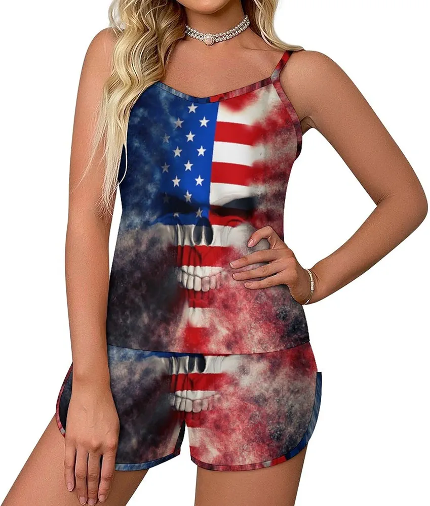 Angry USA Flag Skull Women’s Pajama Set Loungewear Sleepwear 2 Piece PJ Sleeveless Top and Short