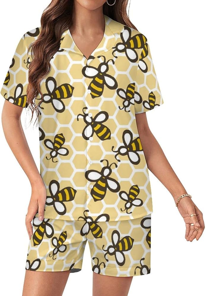 Yellow Bee And Honeycomb Women's Pajamas Set Two Piece Button Down Sleepwear Short Sleeve And Shorts Loungewear