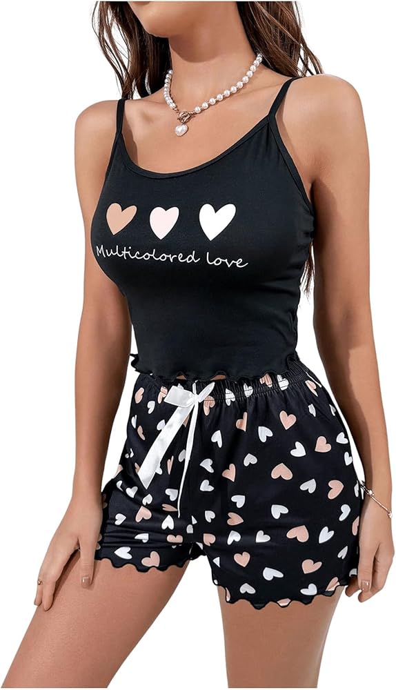 SOLY HUX Women's Heart Letter Print Pajama Set Cami Top and Shorts Loungewear Sleepwear