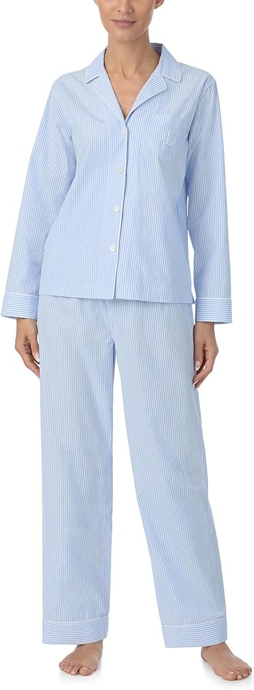 Lauren Ralph Lauren Women's 100% Cotton Long Slevee Notch Collar Pajama Set