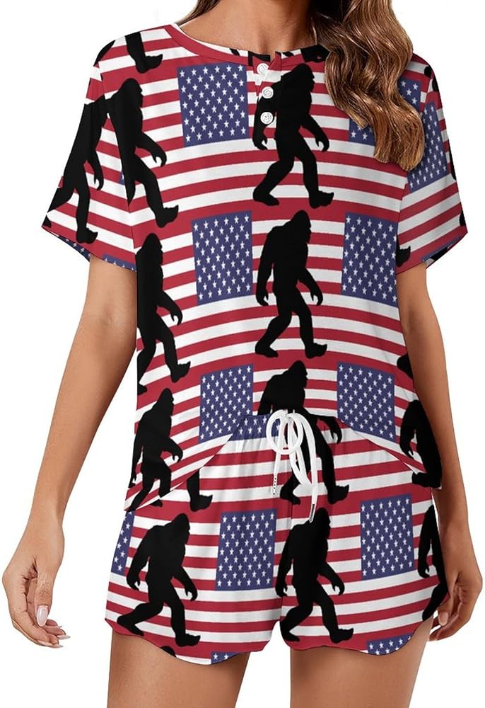 Bigfoot US Flag Women's 2 Piece Pajamas Short Sleeve Shorts Sleepwear Set Causal Loungewear Home Suit 5XL