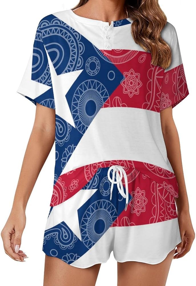 Puerto Rico Paisley Flag Women's 2 Piece Pajamas Short Sleeve Shorts Sleepwear Set Causal Loungewear Home Suit 4XL