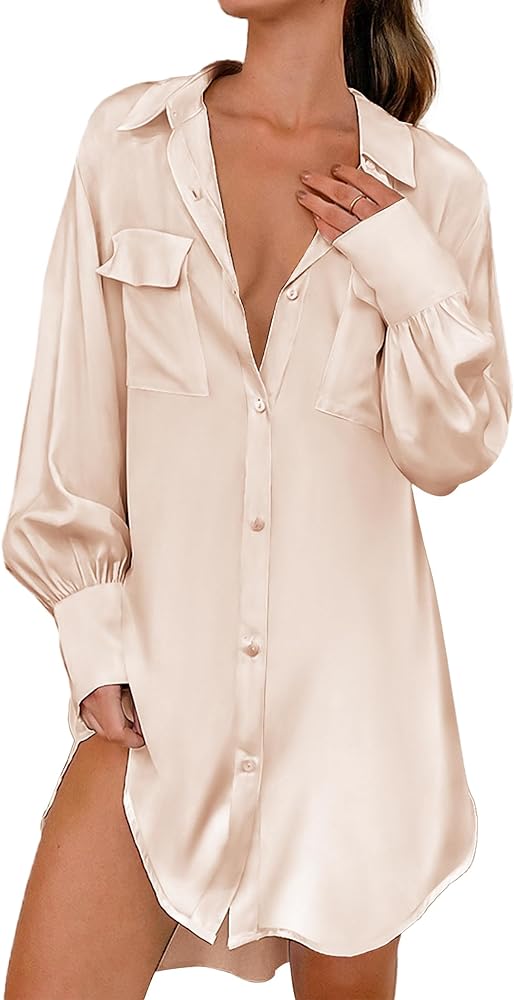 Ekouaer Women Satin Sleep Shirt Long Sleeve Nightgown Button Down Nightshirt Silk Sleepwear Soft Pajama Dress Sleep Dress