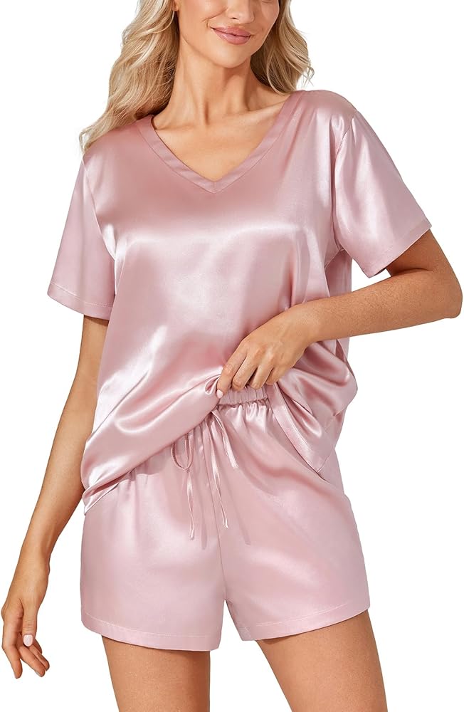 LYANER Women's Satin Silk Pajama Set Short Sleeve Sleepwear with Shorts Pjs Set Two Piece Pajama Set Loungewear