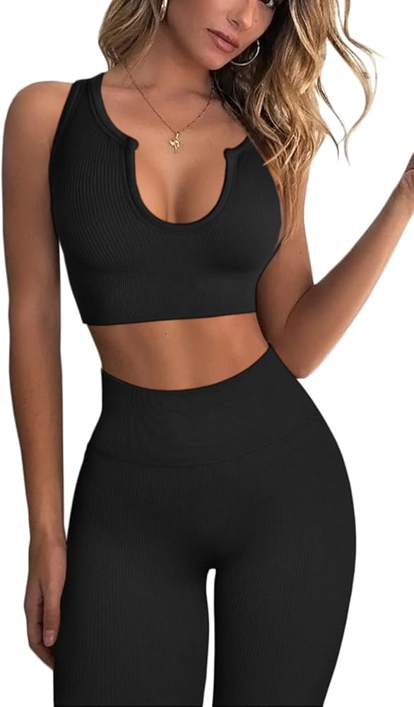 QINSEN Workout Outfits for Women 2 Piece Ribbed Seamless Crop Tank High Waist Yoga Leggings Sets