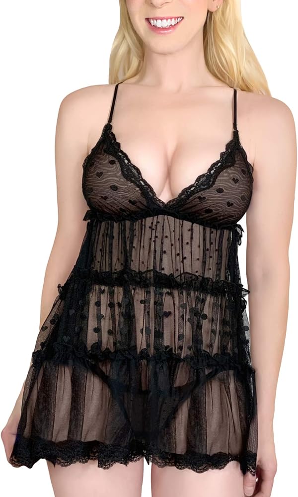 Littleforbig Women lace babydoll Chemise Halter V Neck Sleepwear and Thong Lingerie Set - Romantic