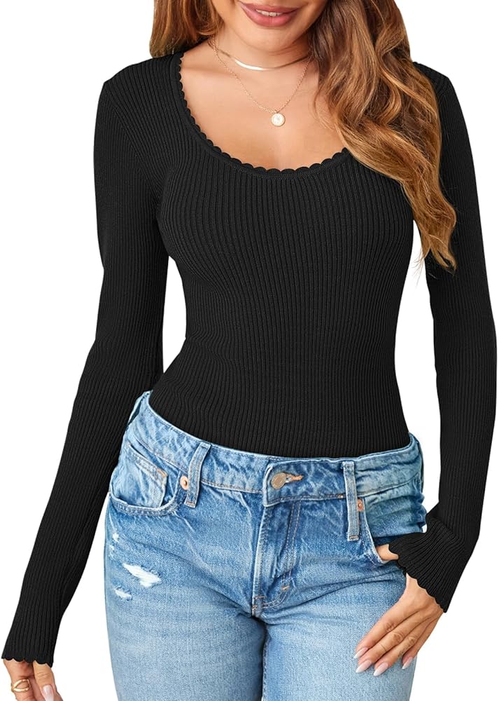 MEROKEETY Women's 2024 Long Sleeve Ribbed Bodysuits Scoop Neck Sexy Slim Body Suits Knit Sweater Tops