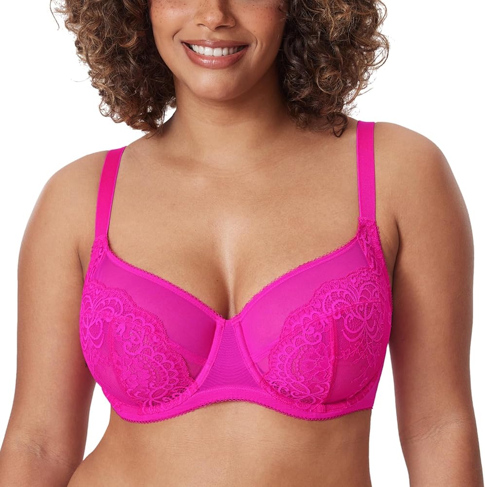 DELIMIRA Women's Lace Bra Plus Size Full Coverage Underwire Sexy Unlined Bras