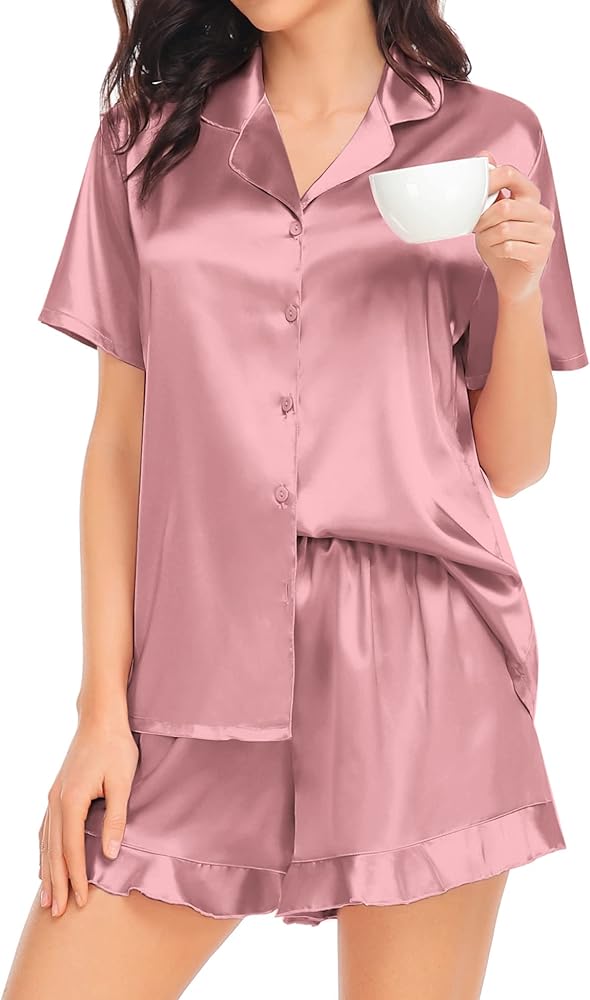 SWOMOG Women's Silk Satin Pajamas Set Short Sleeve Button Down Sleepwear Ruffle Hem Shorts PJ Sets Two-Piece Loungewear