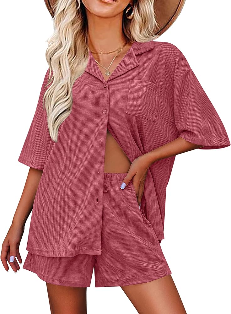 Ekouaer Pajamas for Women Button Up Lounge Set Waffle Knit Loungewear Short Sleeve Pjs 2 Piece Sleepwear Shorts Set