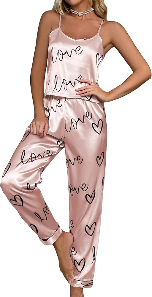 GORGLITTER Women's 2 Piece Silk Satin Pajamas Cami Top Pants Sleepwear Pajama Set Pink Medium