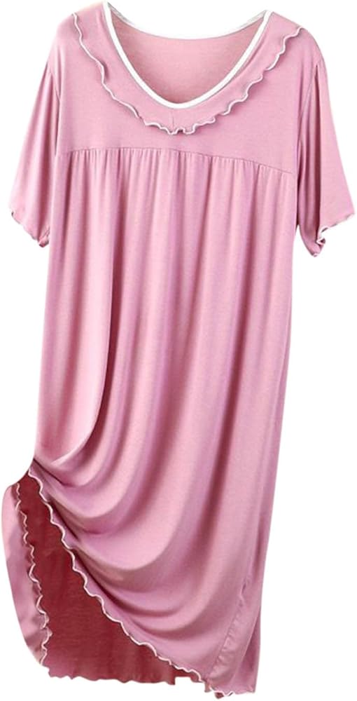 Womens V Neck Nightdresses Casual Solid Houses Nightshirts Summer Comfy Soft Sleepwear Trendy Long Thin Nightgowns