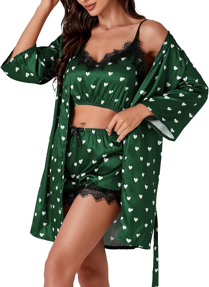 LYANER Women's Satin Polka Dots Pajama Set 3pcs Lace Cami Lingerie Sleepwear with Robe