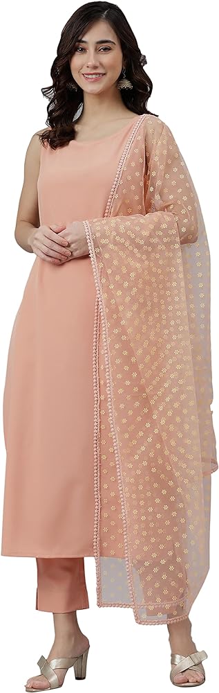 Janasya Indian Women's Peach Poly Crepe Kurta with Pant and Dupatta