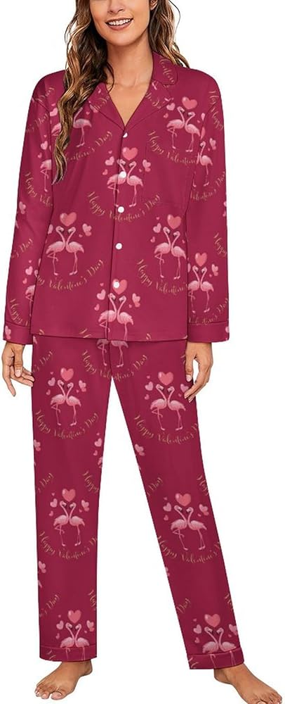 Valentines Cute Flamingo Women's Long Sleeve Button Down Sleepwear Soft Nightwear Lounge Pajamas Set