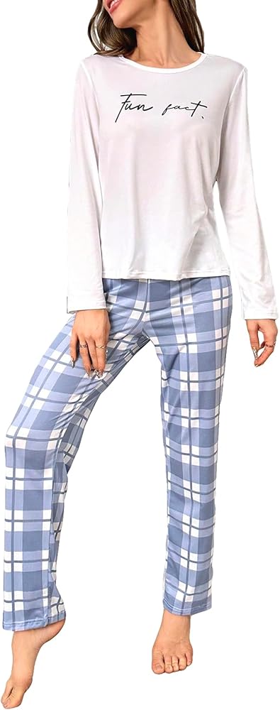 GORGLITTER Women's 2 Piece Pajamas Plaid Print Pants and Top Set Loungewear Sleepwear