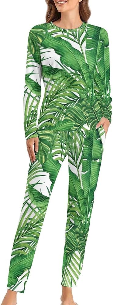 Watercolor Coconut Banana Palm Leaf Womens Pajama Sets Long Sleeve Top And Pants Soft Comfortable Sleepwear Loungewear Set