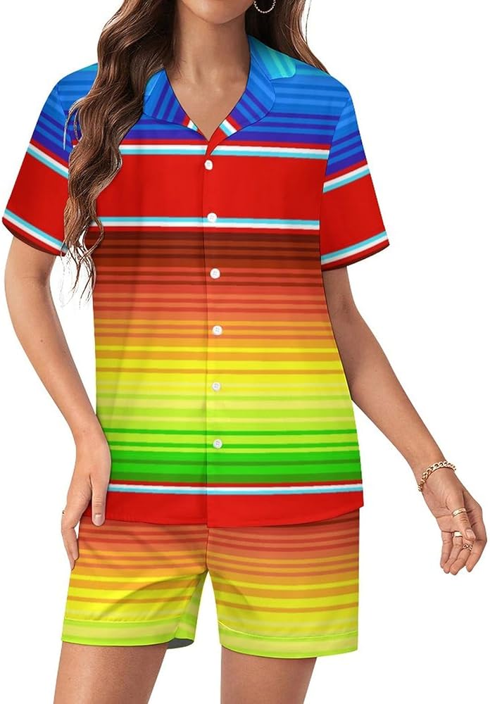 Mexican Blanket Stripes Women's Pajamas Set Two Piece Button Down Sleepwear Short Sleeve And Shorts Loungewear