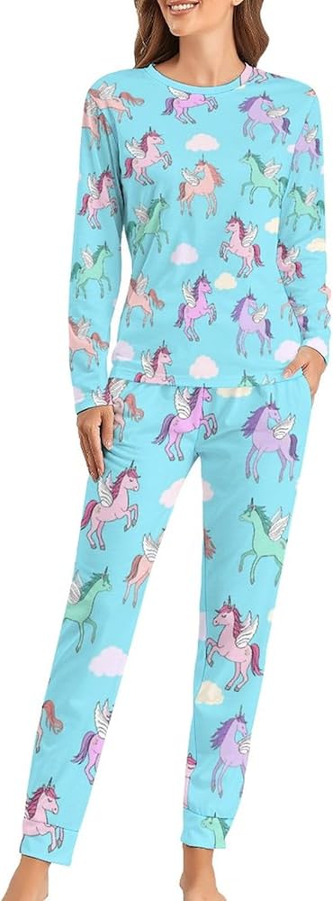 Pegasus in The Sky Women's Pajamas Set Long Sleeve Sleepwear Soft Pjs Lounge Sets with Pockets