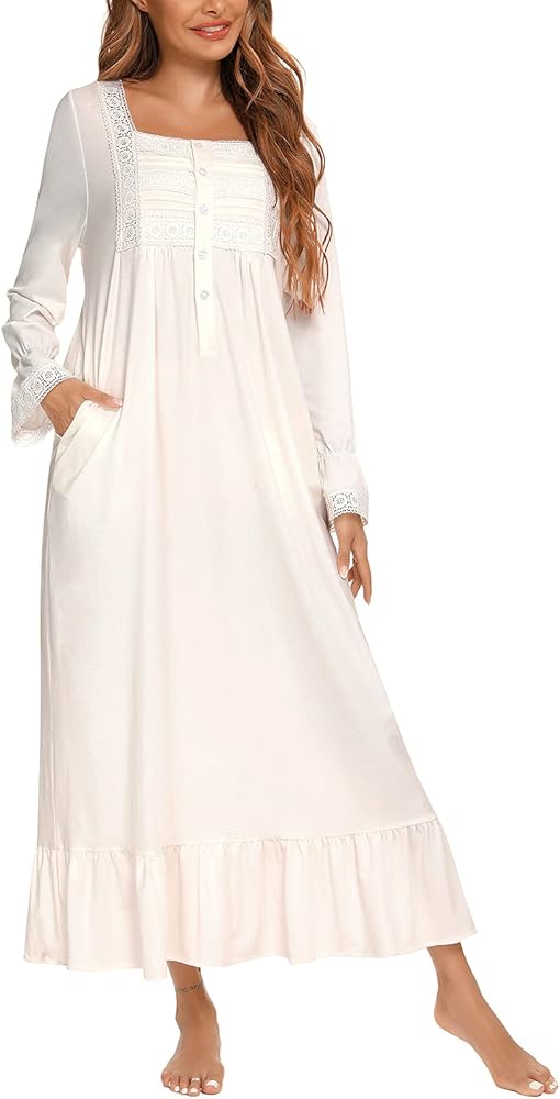 Women Long Sleeve Button Embroideries Victorian Nightgowns Ruffle Cute Sleep Dress Nightdress Pajamas Dress S-XXL