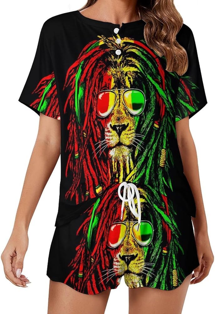 Reggae Rasta Lion Women's 2 Piece Pajamas Short Sleeve Shorts Sleepwear Set Causal Loungewear Home Suit 4XL