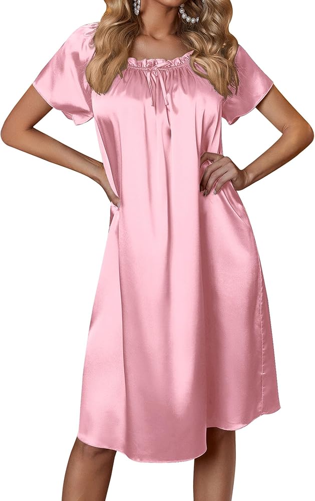 Ekouaer Women's Satin Silk Pleated Nightgown Loose Sleepwear Printed Nightshirt Short Sleeve Sleep Dress