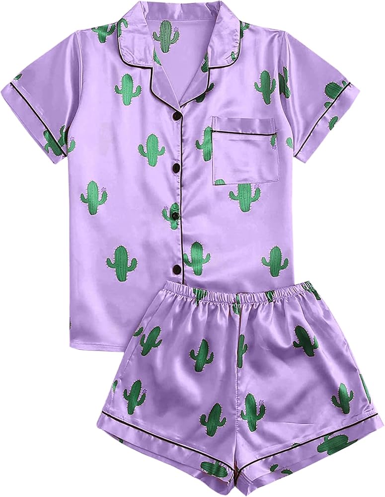 Remidoo Women's Short Sleeve Button Down Satin 2 Piece Pajama Set Sleepwear