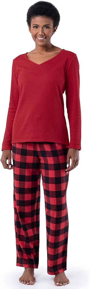 Fruit of the Loom Women's Waffle V-Neck Top and Flannel Pant Sleep Set