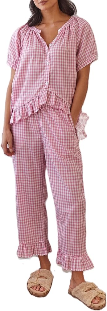 Argeousgor Women Plaid 2 Piece Pajama Set Tie Front Puff Sleeve Babydoll Shirt Gingham Pants Pj Lounge Set Sleepwear