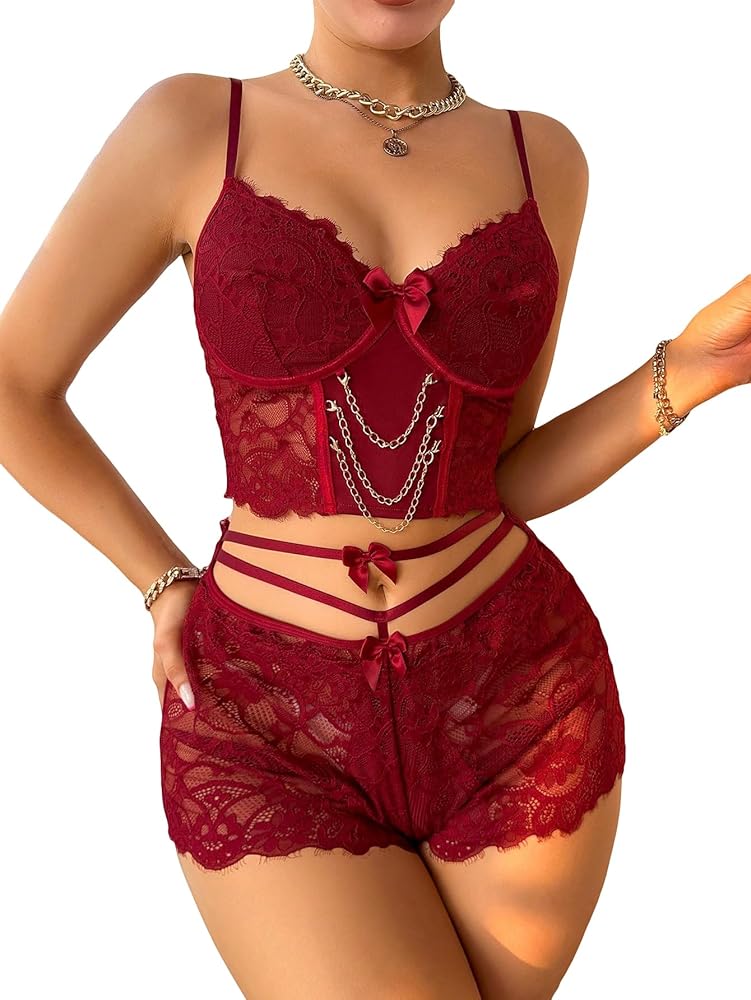 SHENHE Women's Sexy 2 Piece Lace Sleepwear Crop Bustier Cami and Shorts Sheer Pajama Set