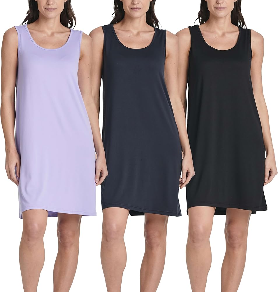 Real Essentials 3 Pack: Women's Scoop Neck Sleeveless Nightgown Sleep Dress Nightshirt (Available In Plus)