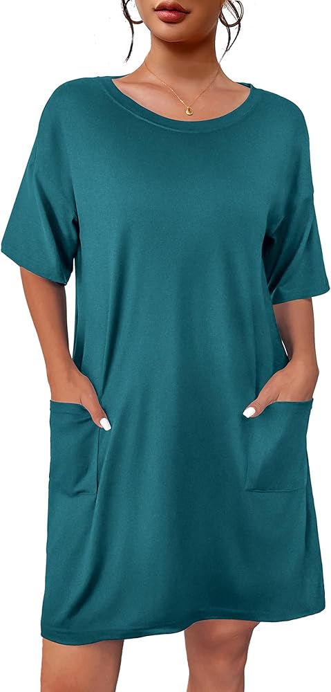 Ekouaer Sleep Shirts for Women Nightgown Short Sleeves T shirt Night Dress Round Neck Womans Nightgown with Pocket Blue Green XXL